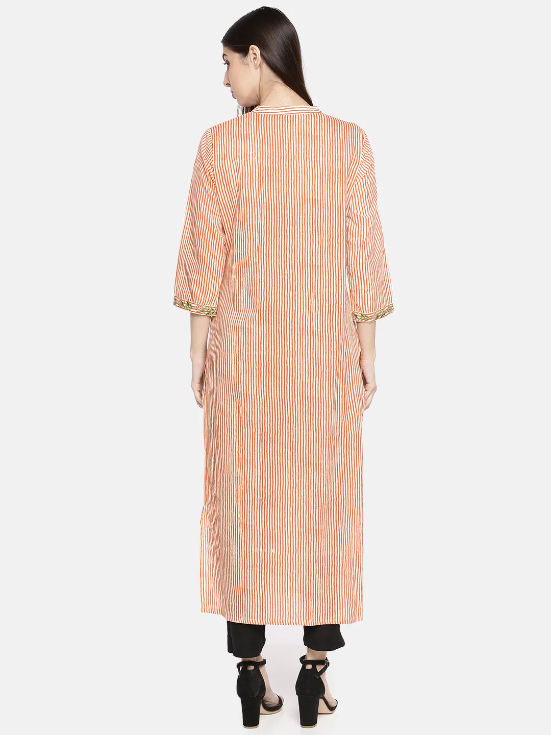 Neerus Women Orange Cream-Coloured Striped Straight Kurta - Image 4