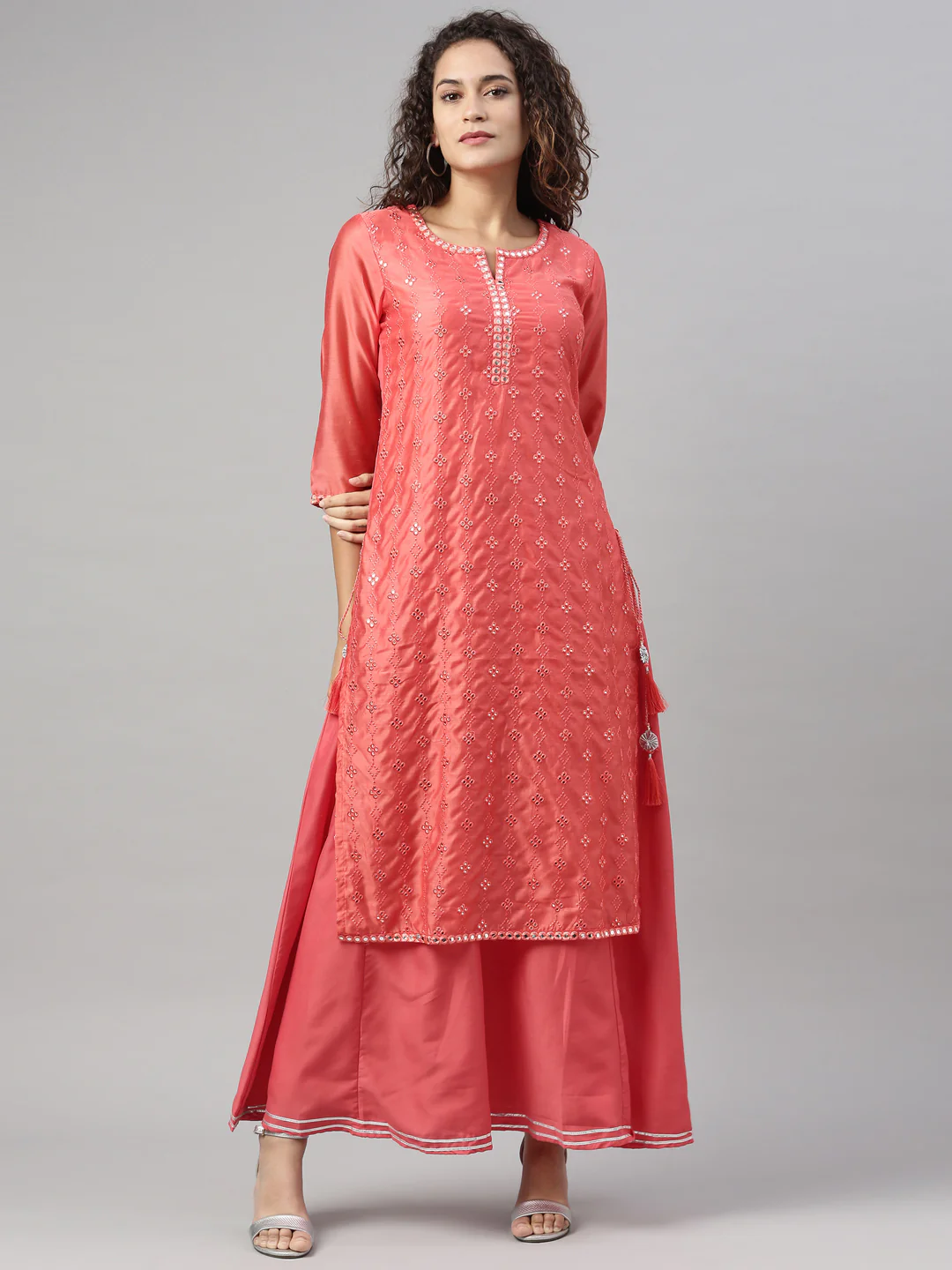 Neerus Women Orange Flared Sleeves Chikankari Chanderi Silk Chanderi Silk Kurta