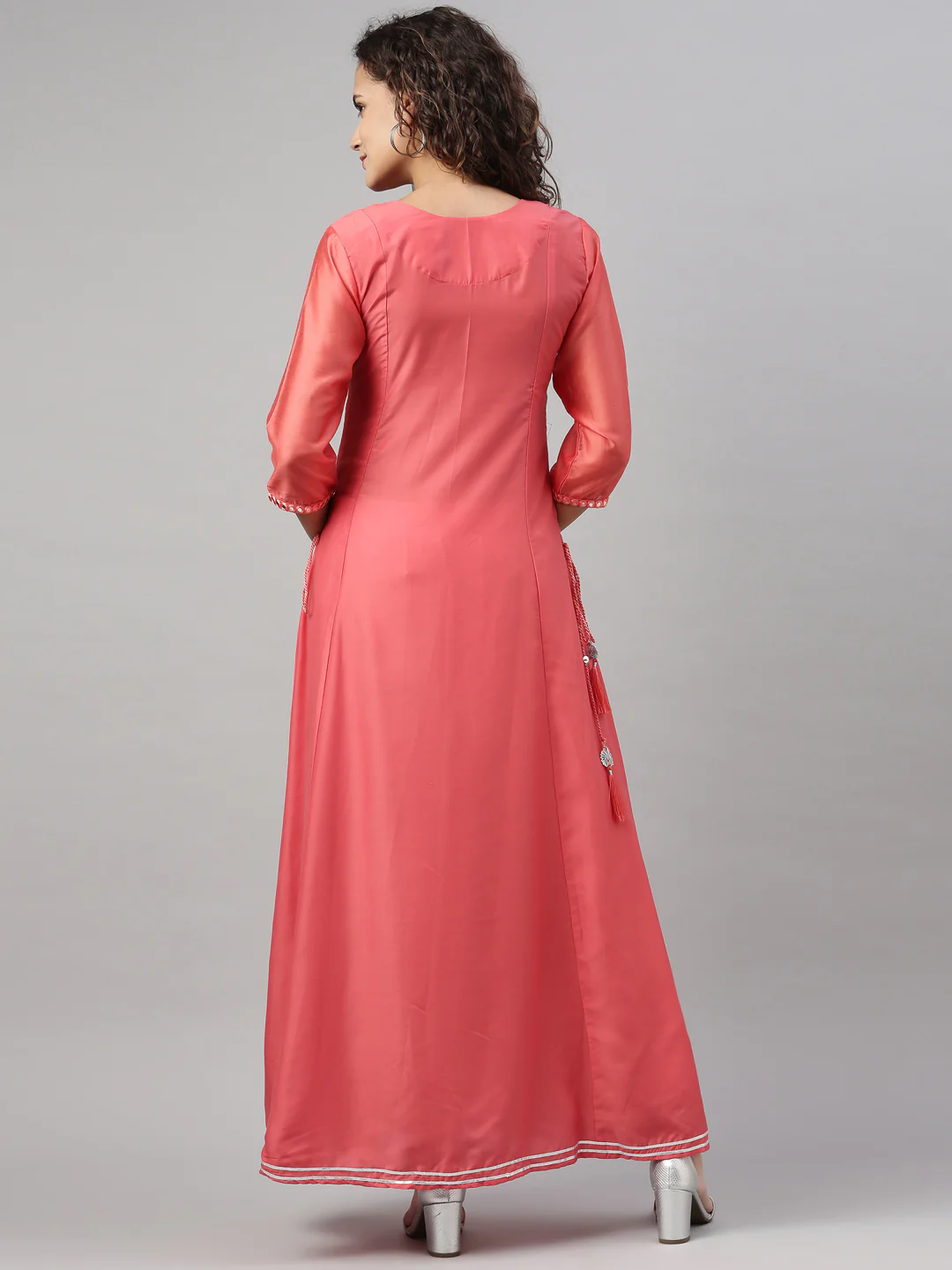 Neerus Women Orange Flared Sleeves Chikankari Chanderi Silk Chanderi Silk Kurta - Image 3
