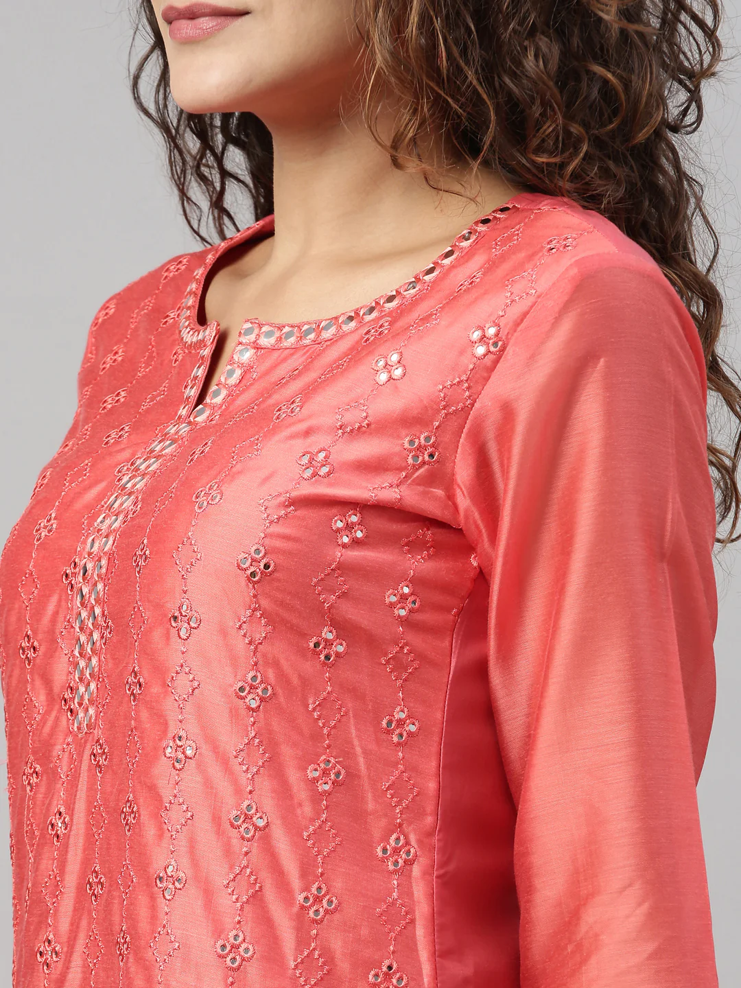 Neerus Women Orange Flared Sleeves Chikankari Chanderi Silk Chanderi Silk Kurta - Image 4