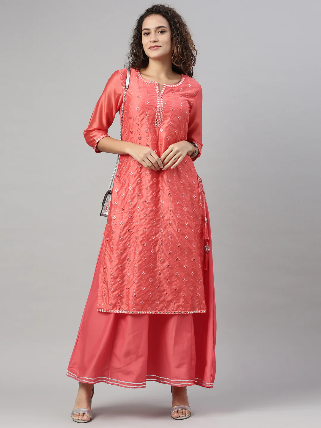 Neerus Women Orange Flared Sleeves Chikankari Chanderi Silk Chanderi Silk Kurta - Image 5
