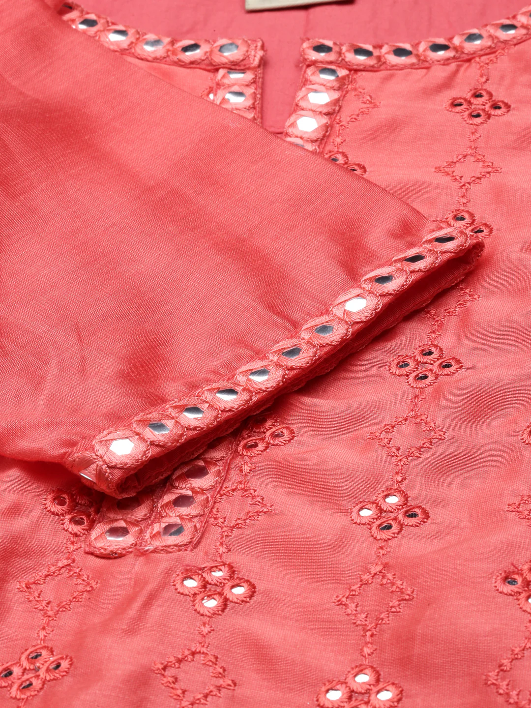 Neerus Women Orange Flared Sleeves Chikankari Chanderi Silk Chanderi Silk Kurta - Image 7