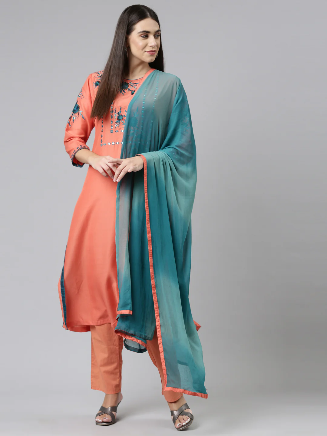Neerus Women Orange Floral Cotton Kurta with Trousers with Dupatta