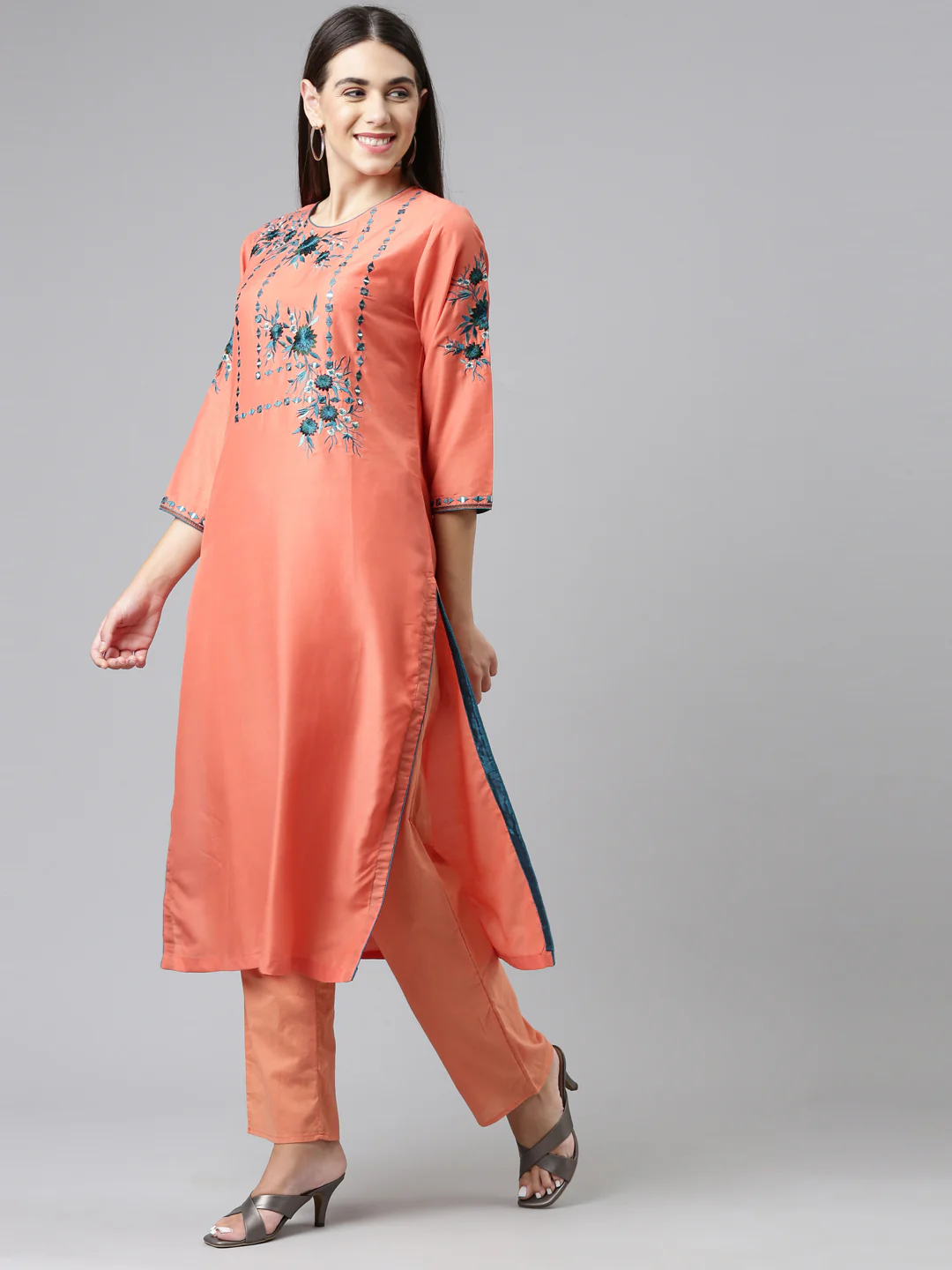 Neerus Women Orange Floral Cotton Kurta with Trousers with Dupatta - Image 2