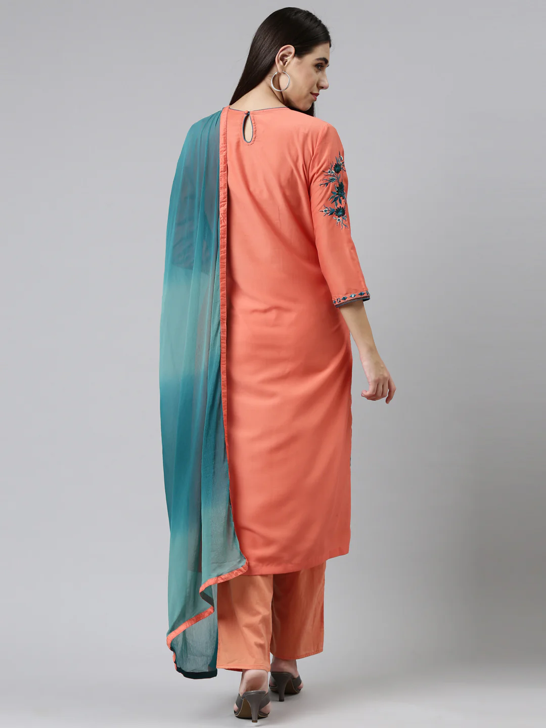Neerus Women Orange Floral Cotton Kurta with Trousers with Dupatta - Image 3