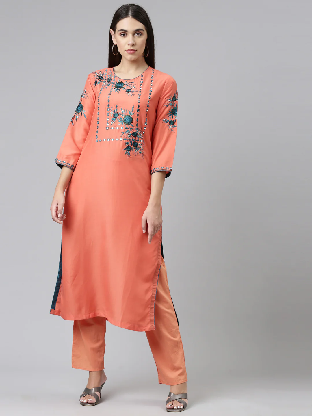 Neerus Women Orange Floral Cotton Kurta with Trousers with Dupatta - Image 7