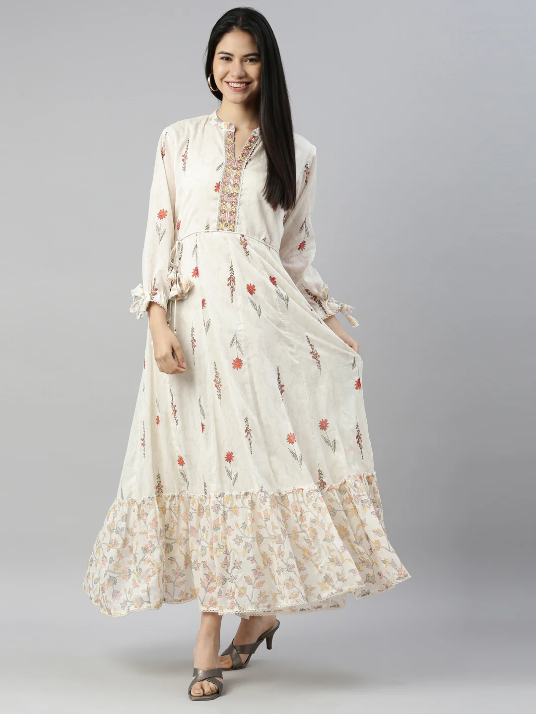 Neerus Women Orange Floral Printed A-Line waist Tie-up Kurta
