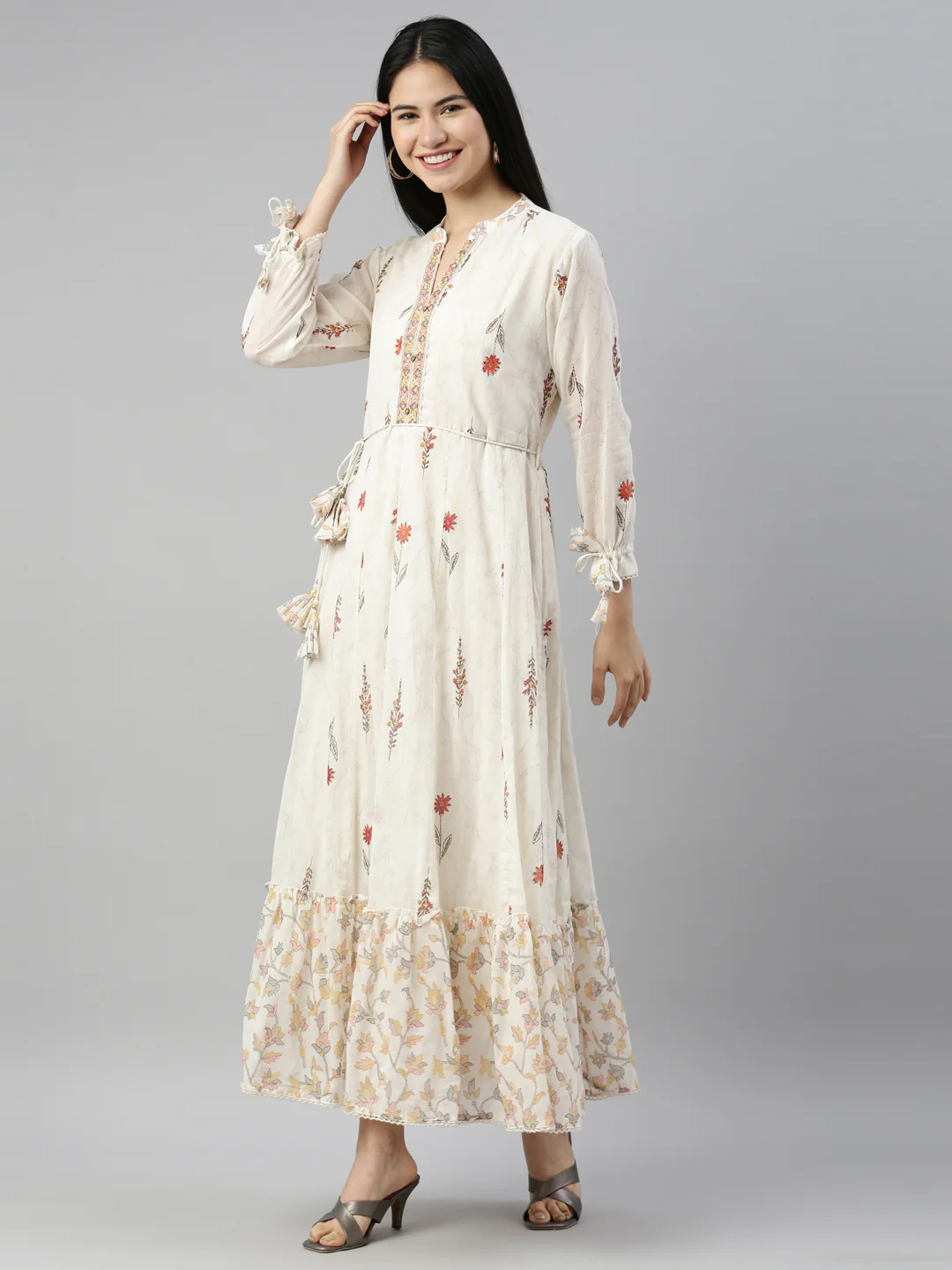 Neerus Women Orange Floral Printed A-Line waist Tie-up Kurta - Image 2