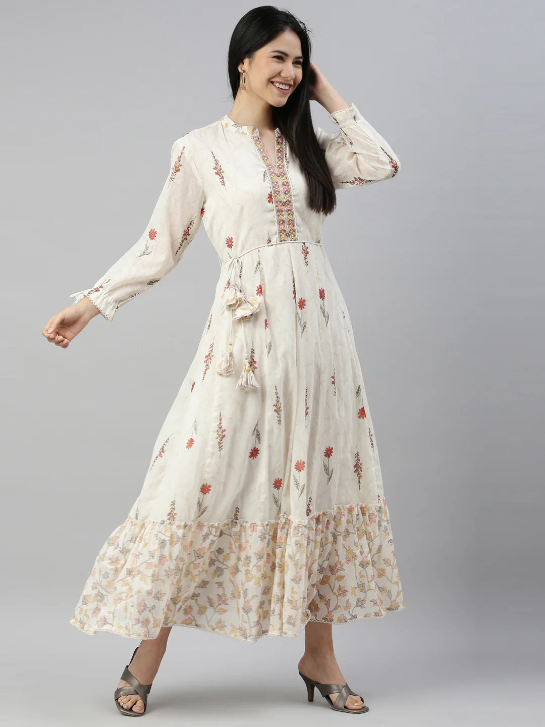 Neerus Women Orange Floral Printed A-Line waist Tie-up Kurta - Image 6