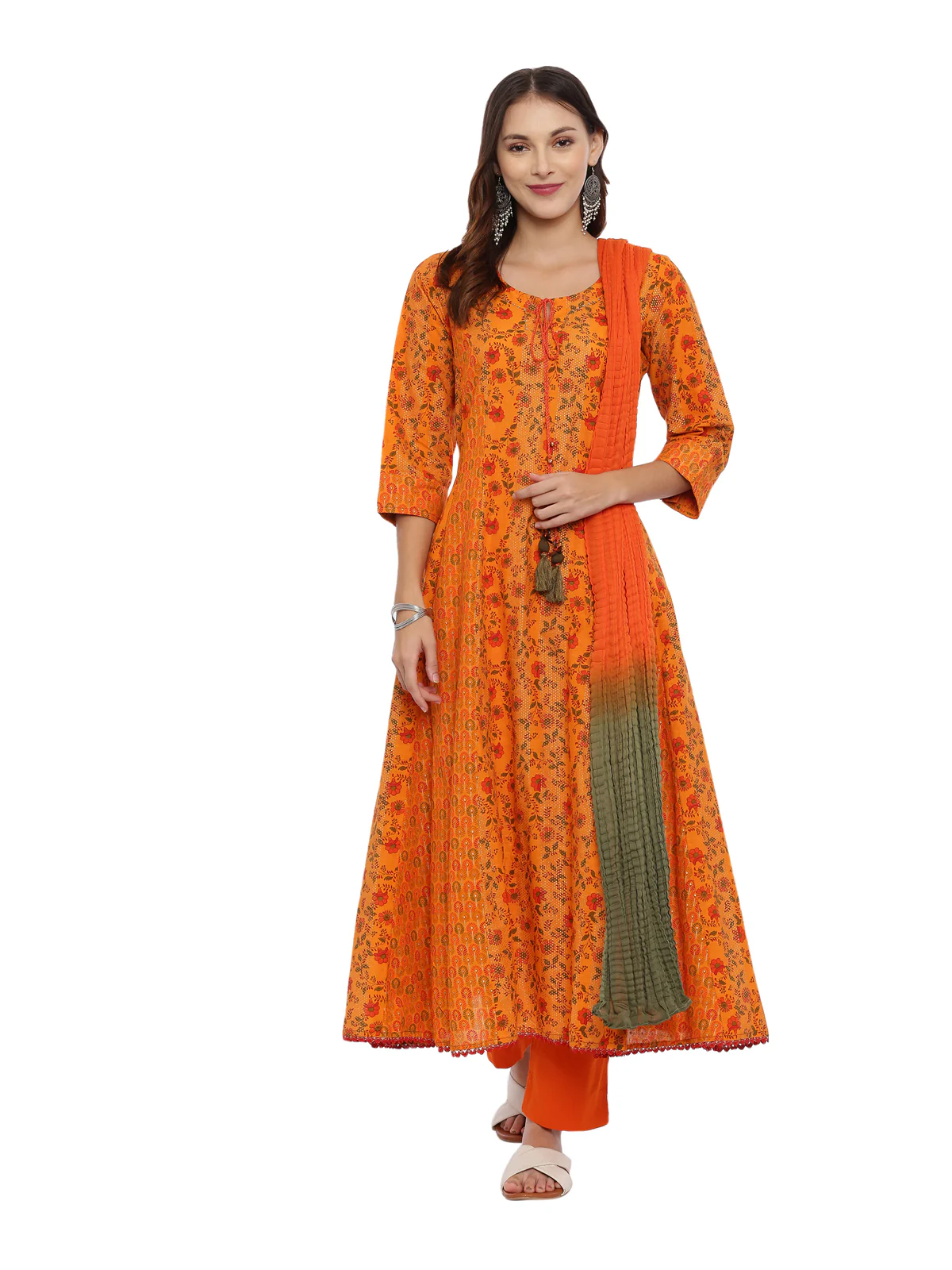 Neerus Women Orange Green Printed Kurta with Trousers Dupatta