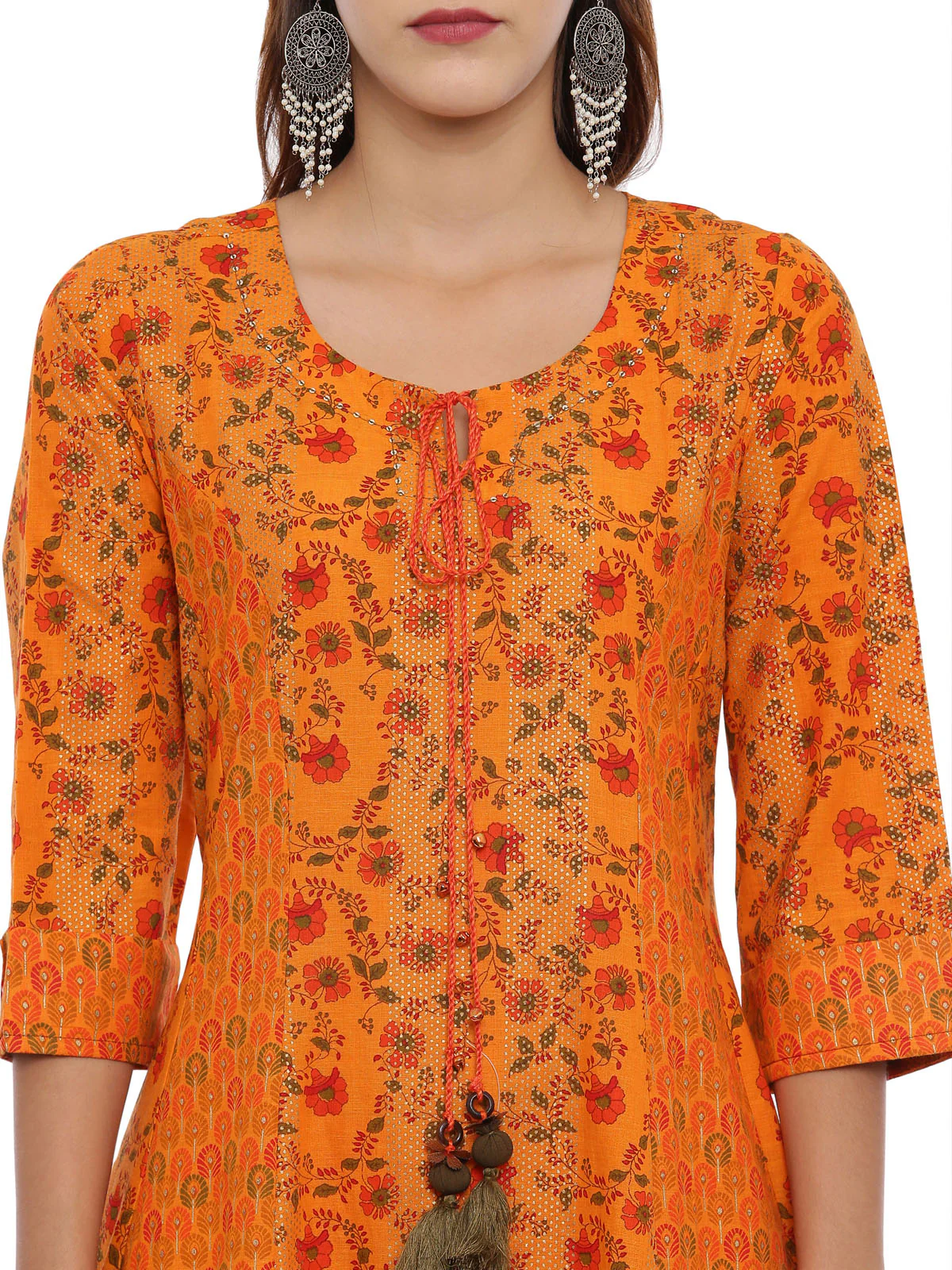 Neerus Women Orange Green Printed Kurta with Trousers Dupatta - Image 2