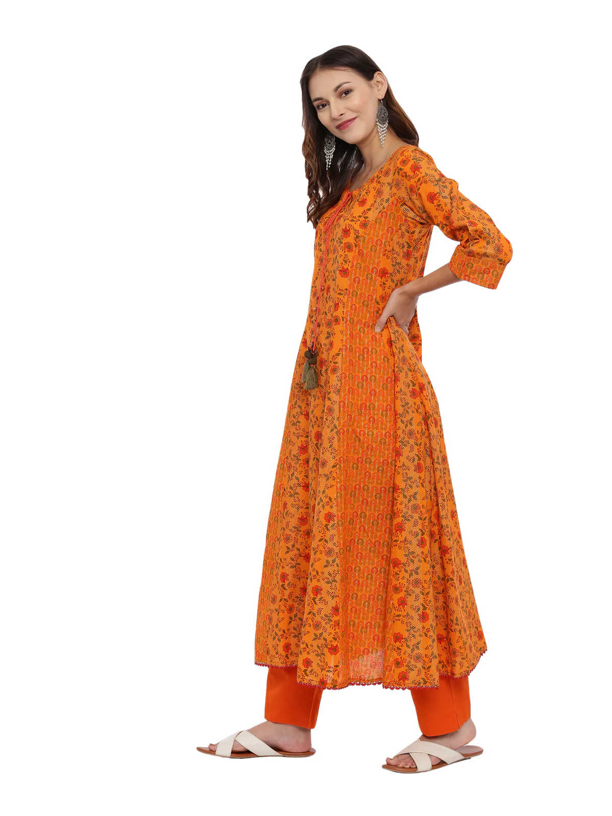 Neerus Women Orange Green Printed Kurta with Trousers Dupatta - Image 3
