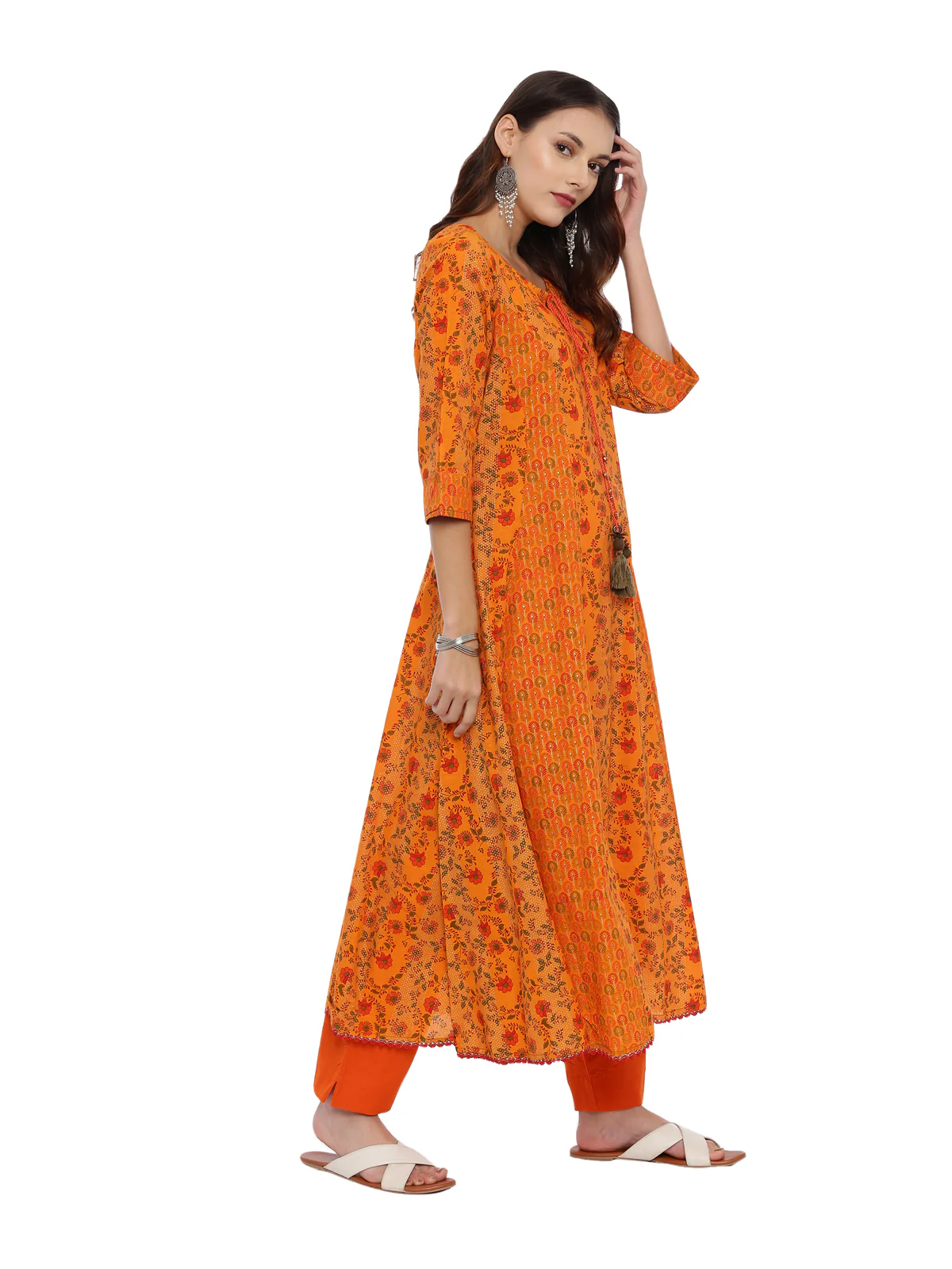 Neerus Women Orange Green Printed Kurta with Trousers Dupatta - Image 4
