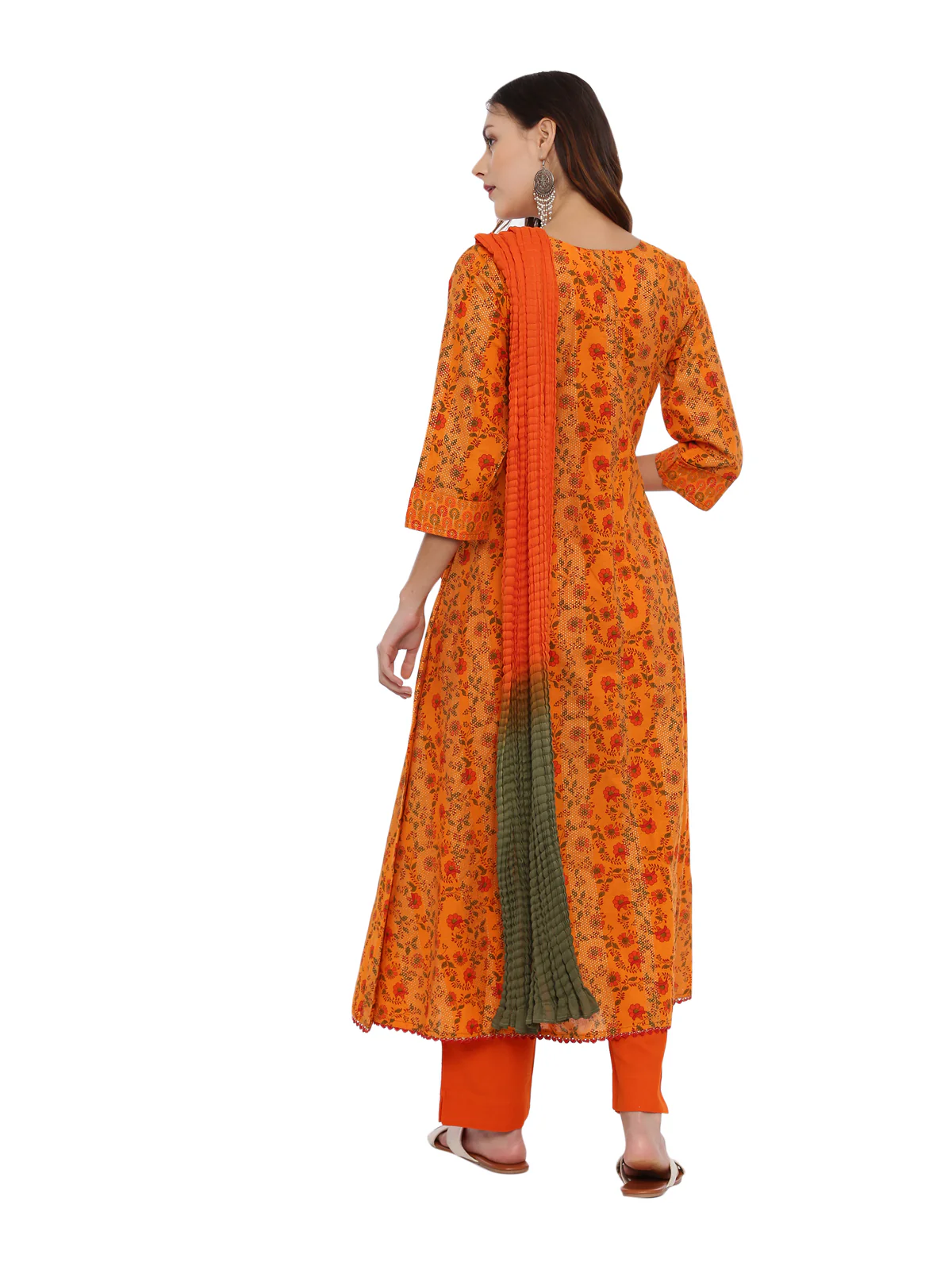 Neerus Women Orange Green Printed Kurta with Trousers Dupatta - Image 5