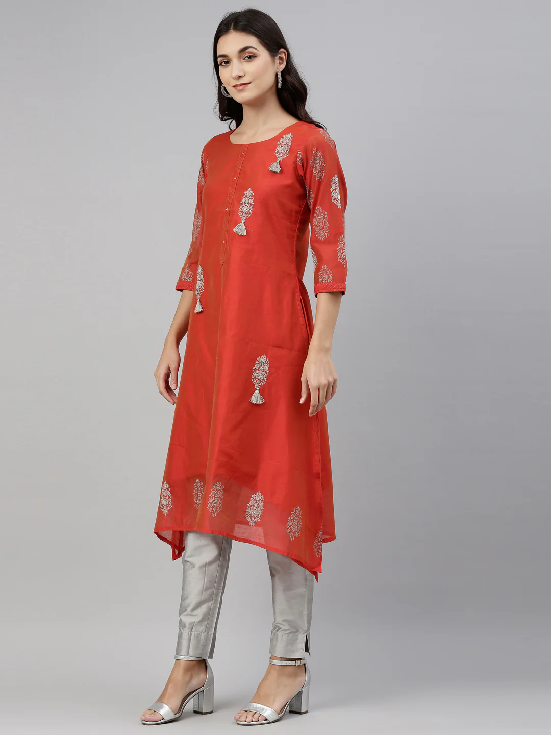 Neerus Women Orange Silver-Toned Ethnic Motifs Thread Work Kurta - Image 2