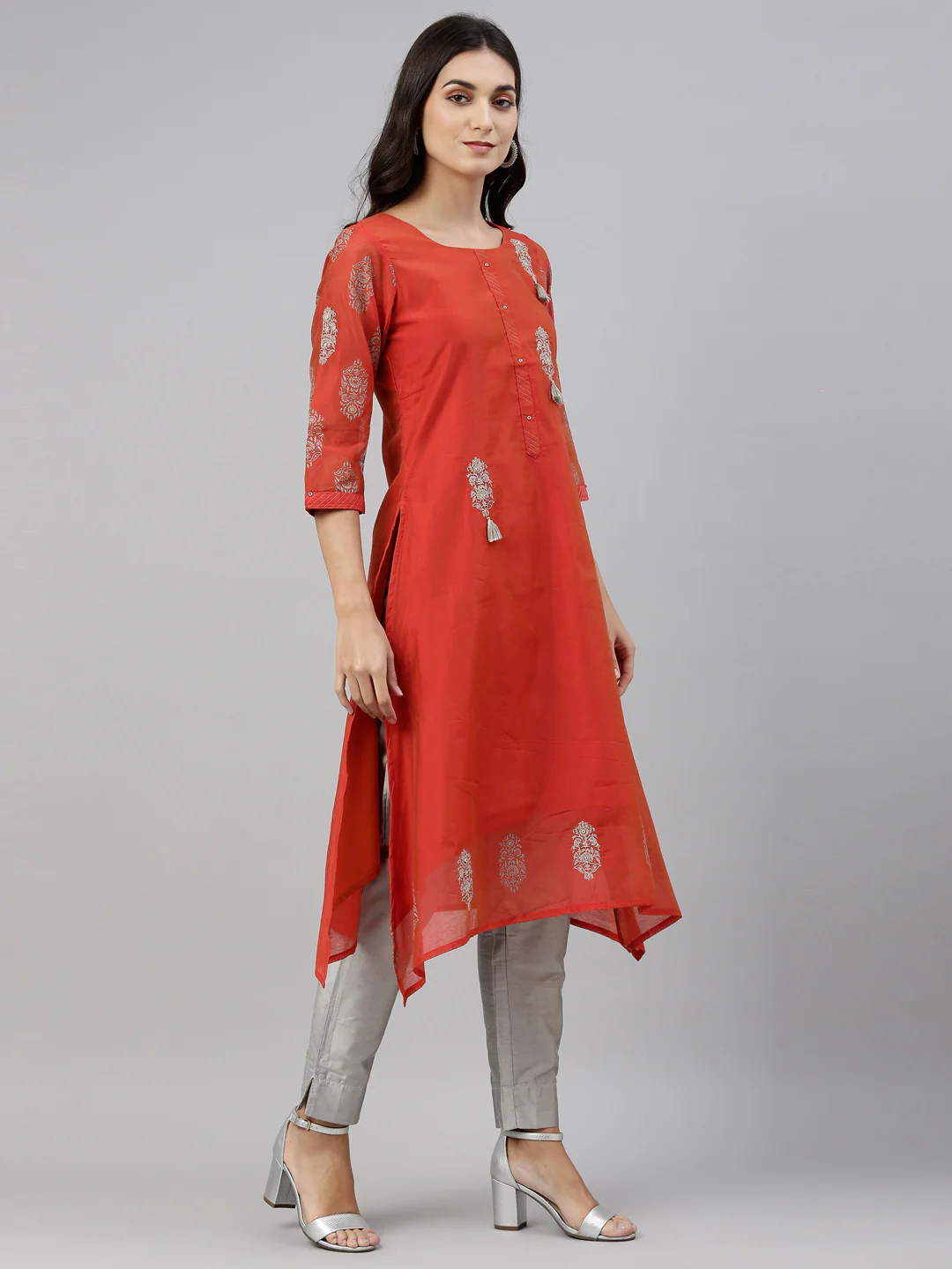Neerus Women Orange Silver-Toned Ethnic Motifs Thread Work Kurta - Image 3