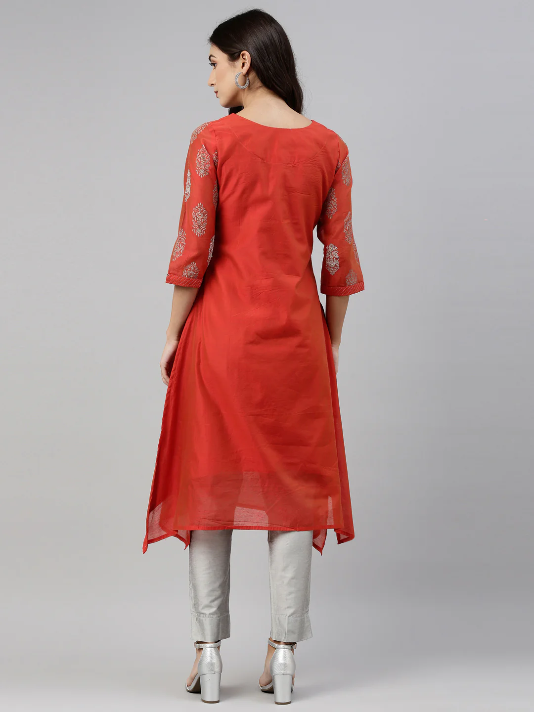 Neerus Women Orange Silver-Toned Ethnic Motifs Thread Work Kurta - Image 4
