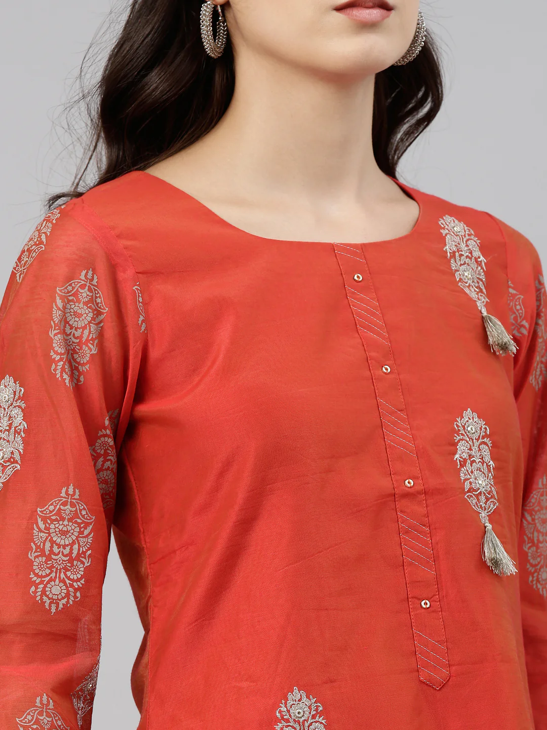 Neerus Women Orange Silver-Toned Ethnic Motifs Thread Work Kurta - Image 5