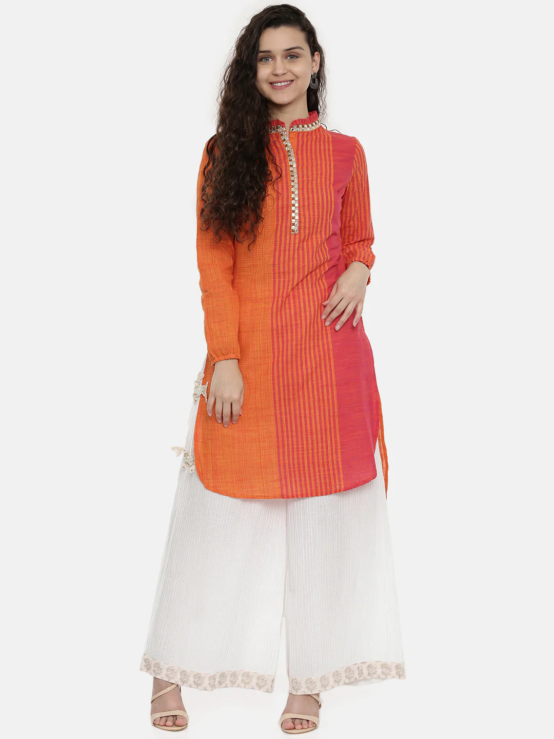 Neerus Women Orange Yellow Striped A-Line Kurta