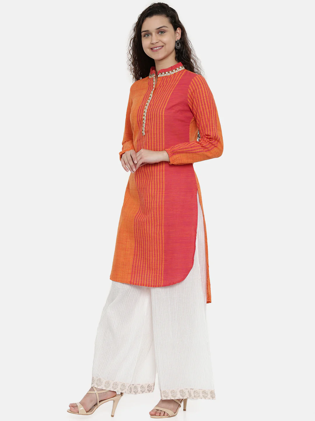 Neerus Women Orange Yellow Striped A-Line Kurta - Image 3
