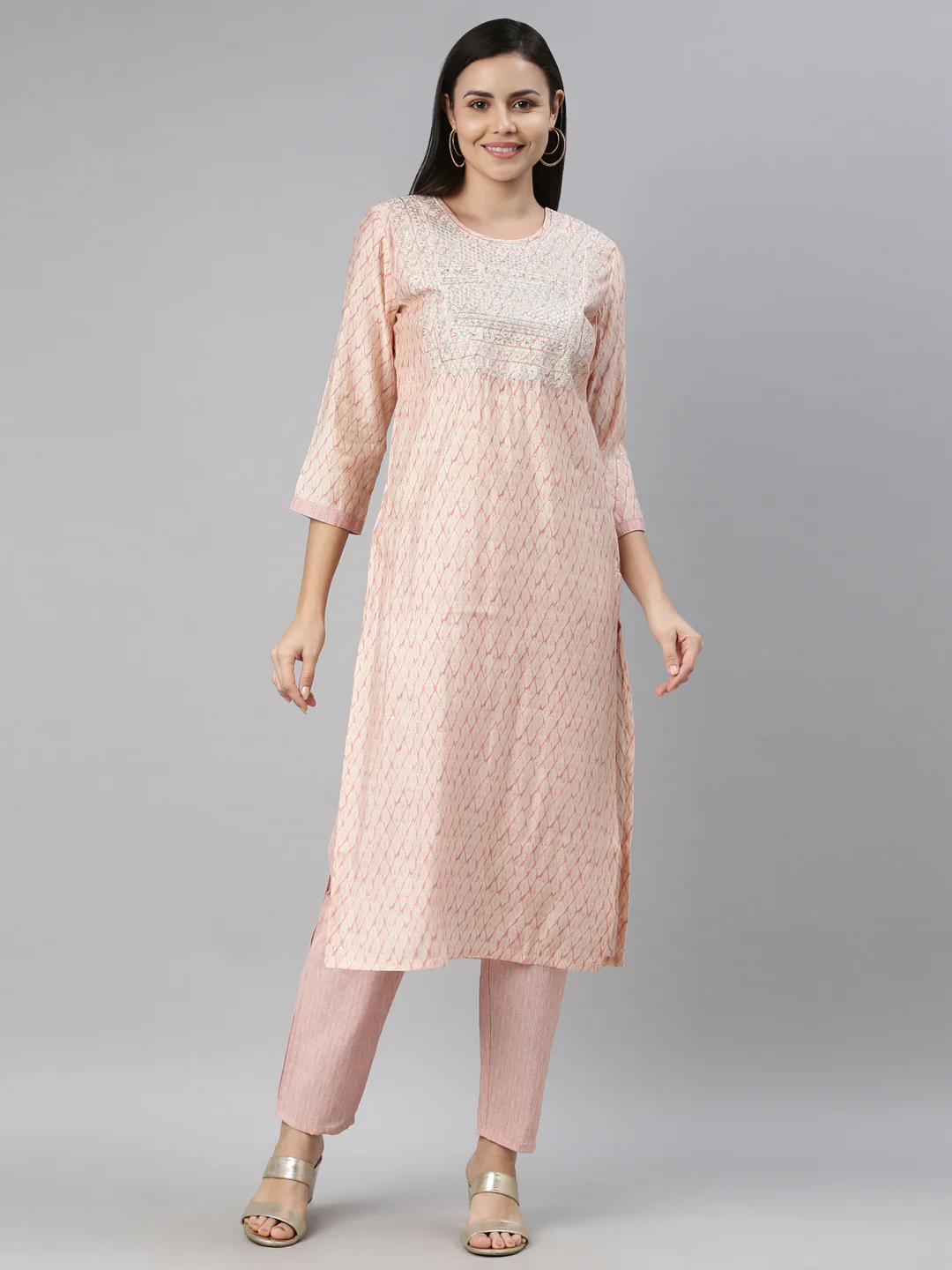 Neerus Women Peach-Coloured Embroidered Kurti with Trousers