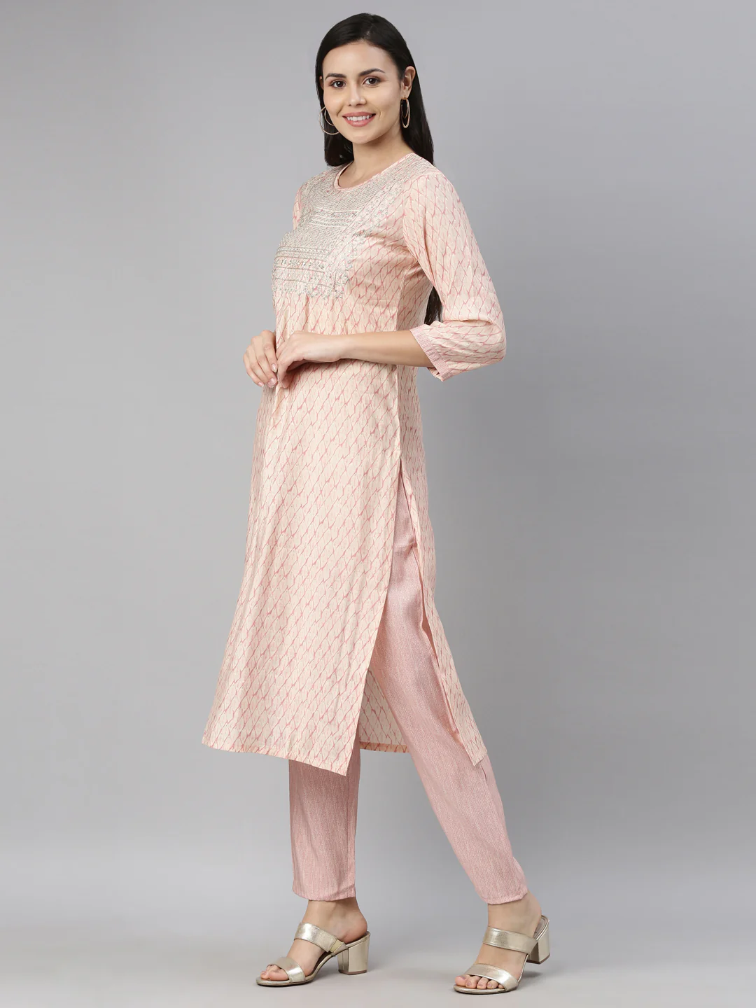 Neerus Women Peach-Coloured Embroidered Kurti with Trousers - Image 2