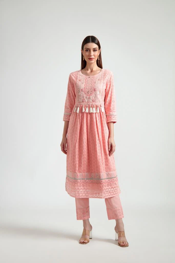 Neerus Women Peach-Coloured Embroidered Pleated Gotta Patti Pure Cotton Kurta With Trousers With Dupatta