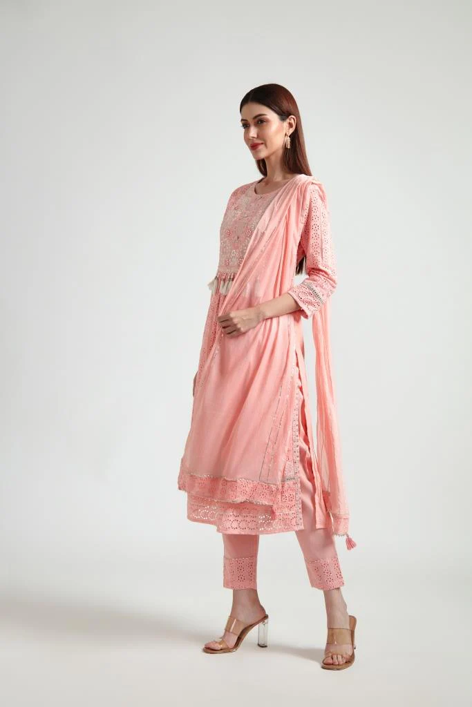 Neerus Women Peach-Coloured Embroidered Pleated Gotta Patti Pure Cotton Kurta With Trousers With Dupatta - Image 2