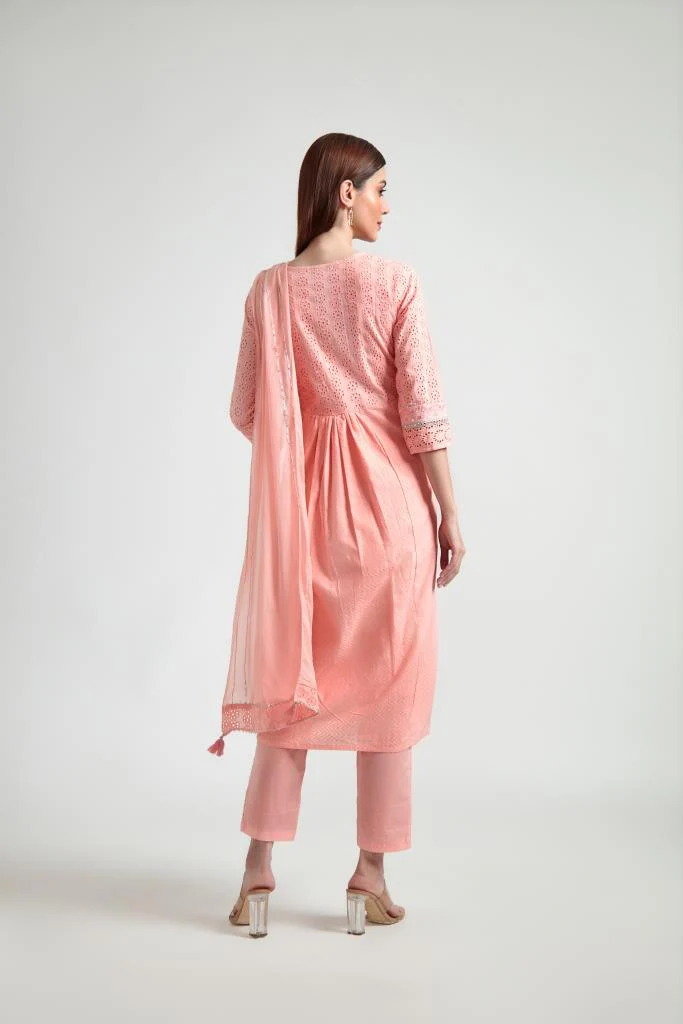 Neerus Women Peach-Coloured Embroidered Pleated Gotta Patti Pure Cotton Kurta With Trousers With Dupatta - Image 3
