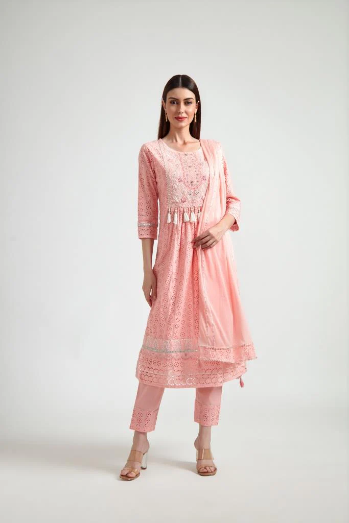 Neerus Women Peach-Coloured Embroidered Pleated Gotta Patti Pure Cotton Kurta With Trousers With Dupatta - Image 4