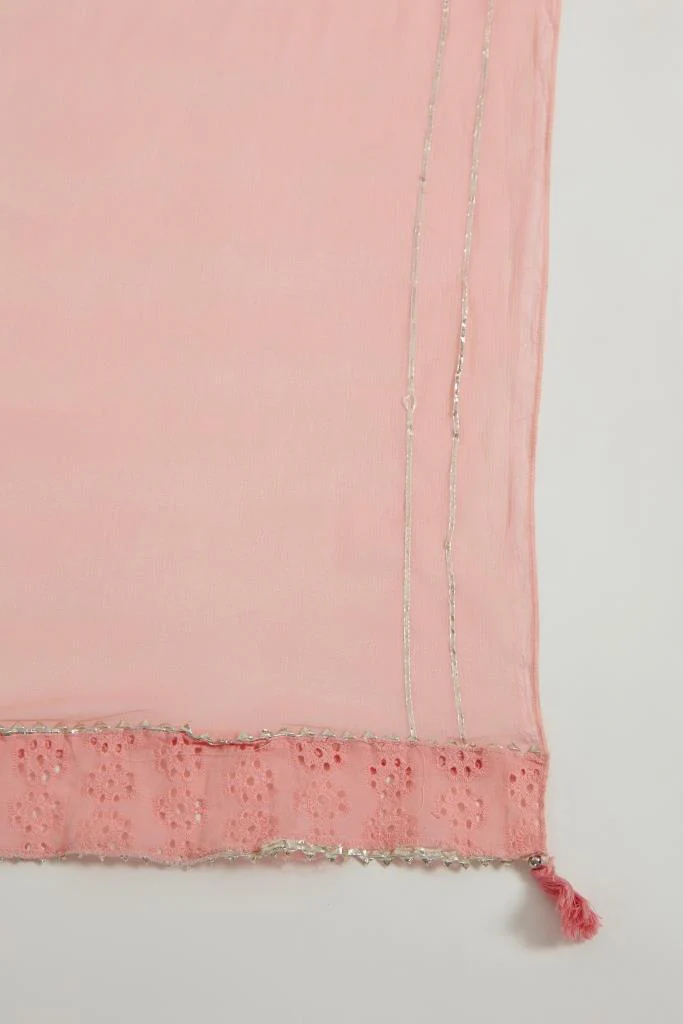 Neerus Women Peach-Coloured Embroidered Pleated Gotta Patti Pure Cotton Kurta With Trousers With Dupatta - Image 6