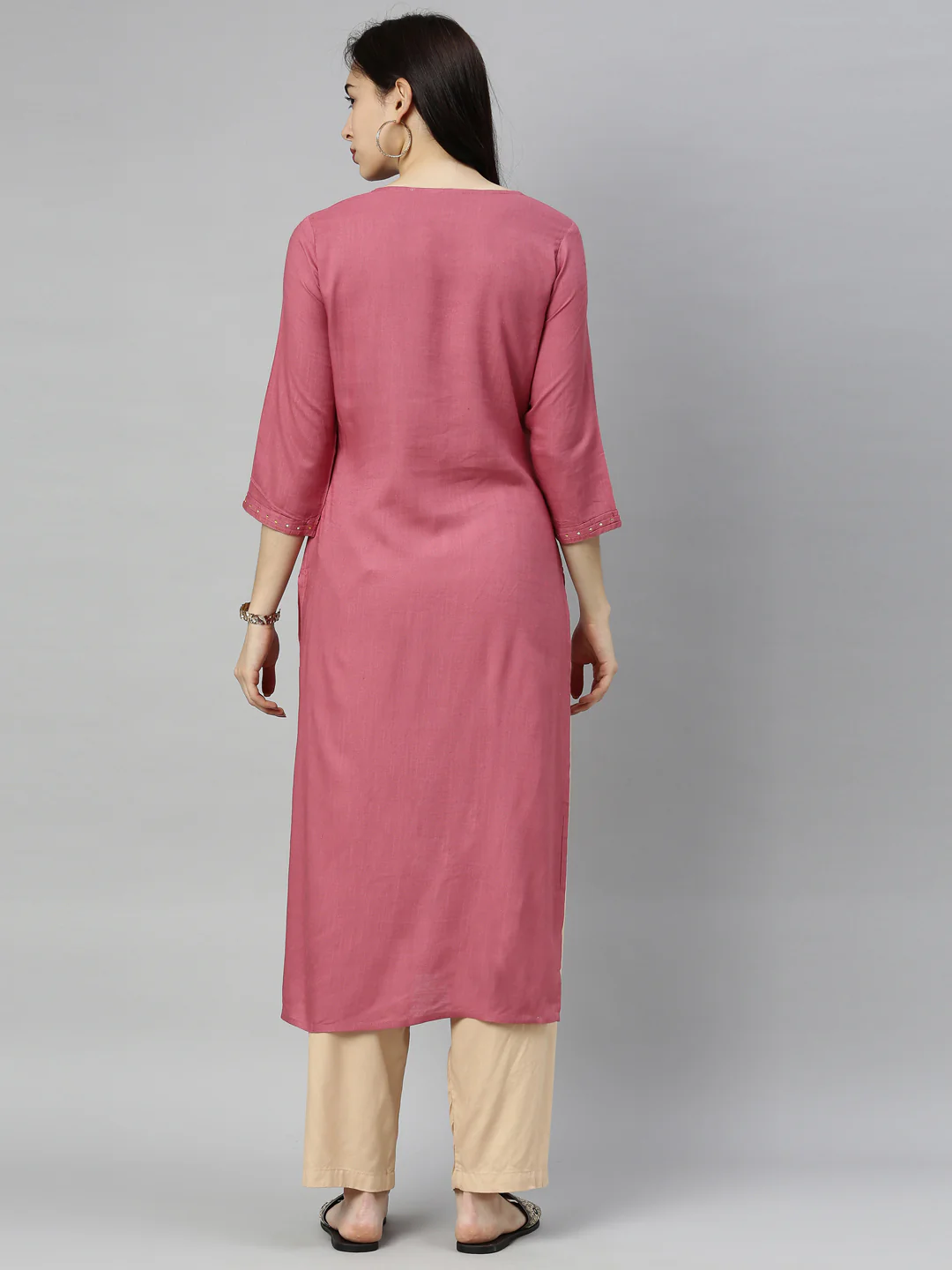 Neerus Women Peach-Coloured Floral Embroidered Thread Work Kurta - Image 4