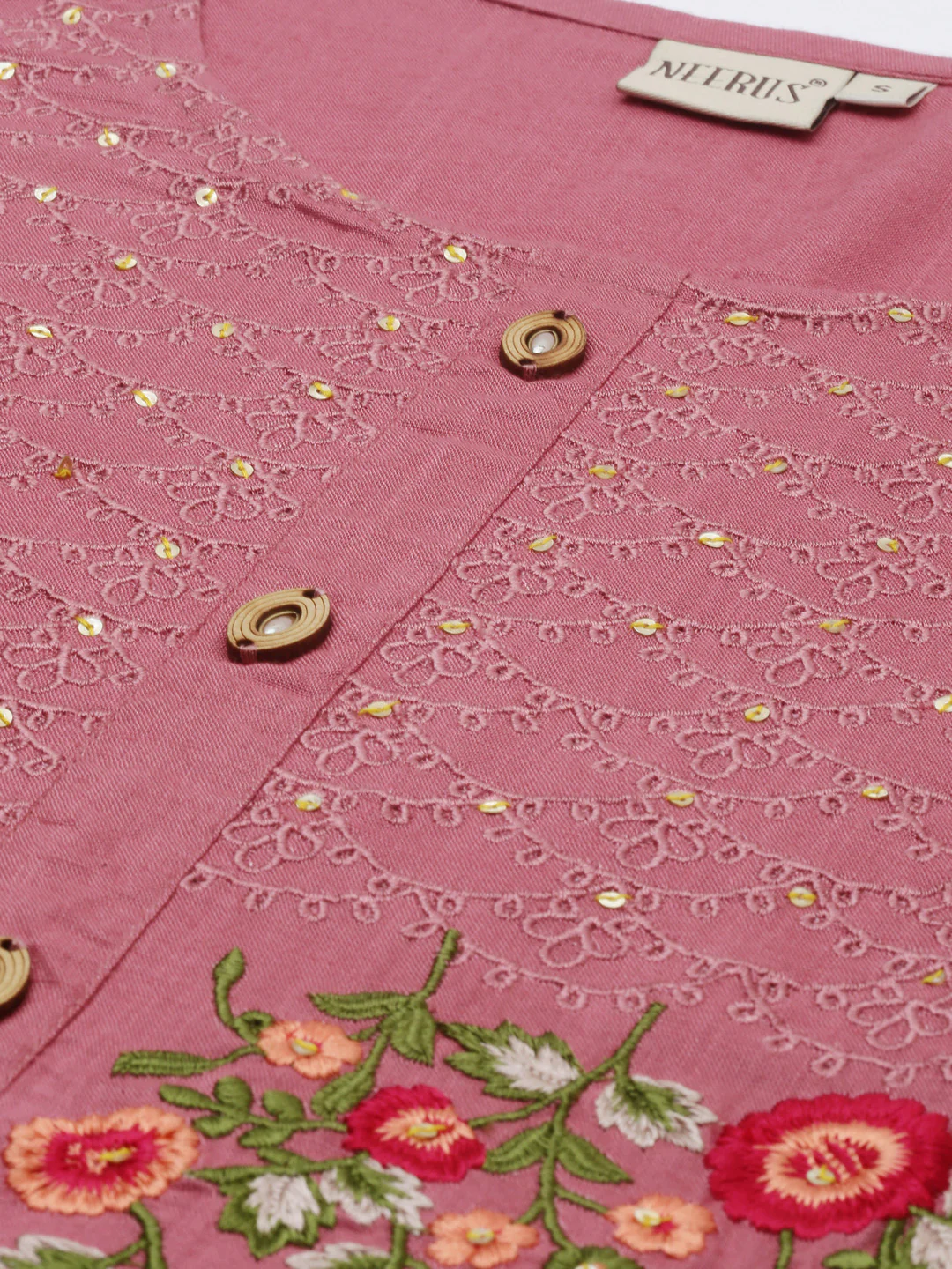 Neerus Women Peach-Coloured Floral Embroidered Thread Work Kurta - Image 5
