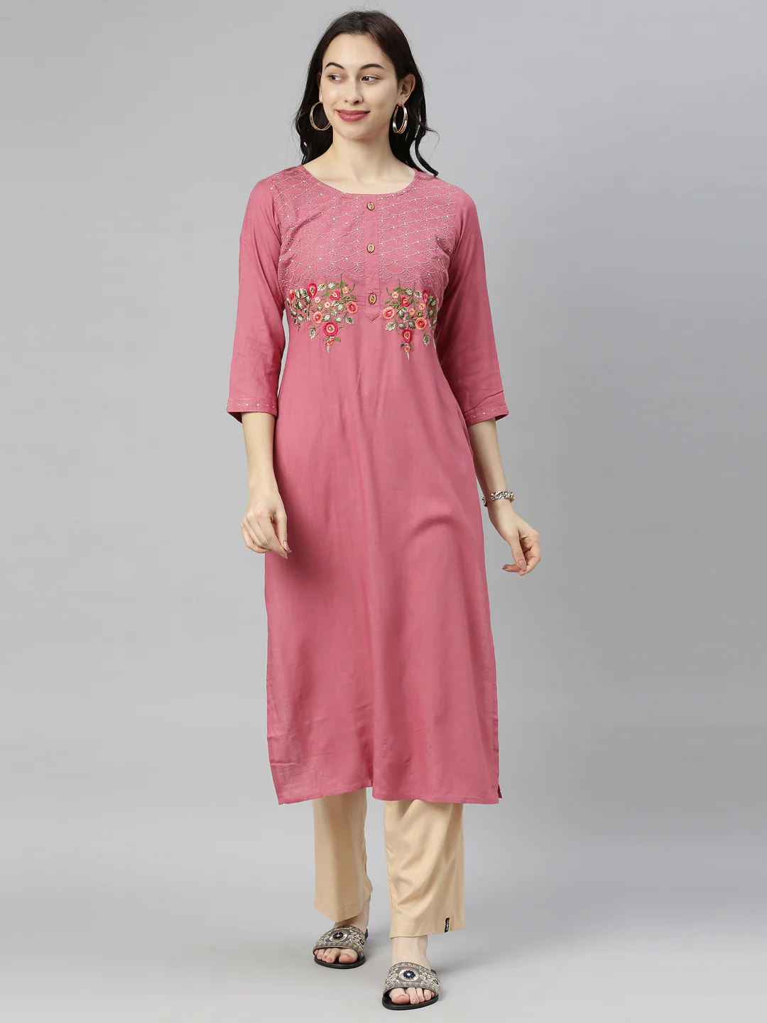 Neerus Women Peach-Coloured Floral Embroidered Thread Work Kurta - Image 6