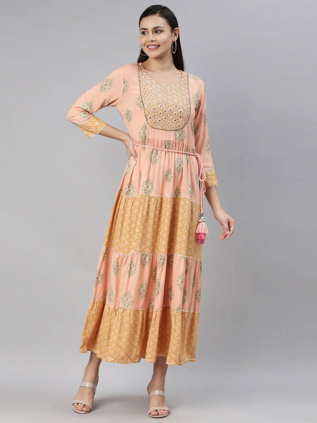 Neerus Women Peach-Coloured Floral Printed Fit Flare Midi Dress