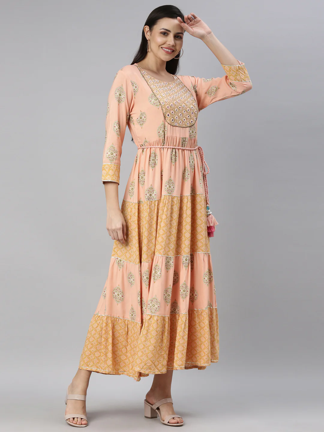 Neerus Women Peach-Coloured Floral Printed Fit Flare Midi Dress - Image 2