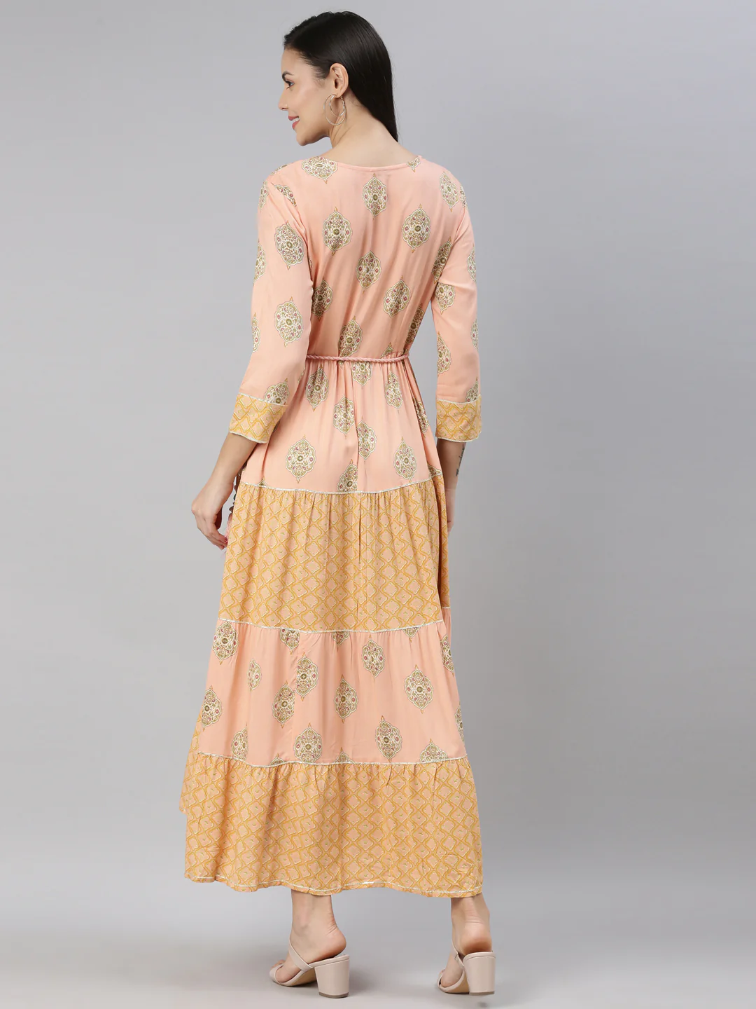 Neerus Women Peach-Coloured Floral Printed Fit Flare Midi Dress - Image 3