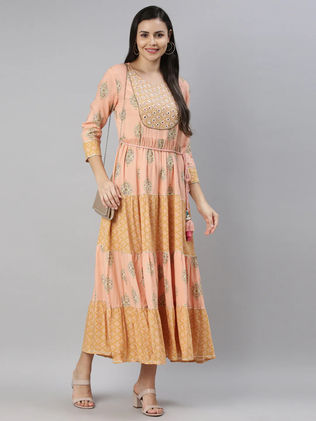 Neerus Women Peach-Coloured Floral Printed Fit Flare Midi Dress - Image 5