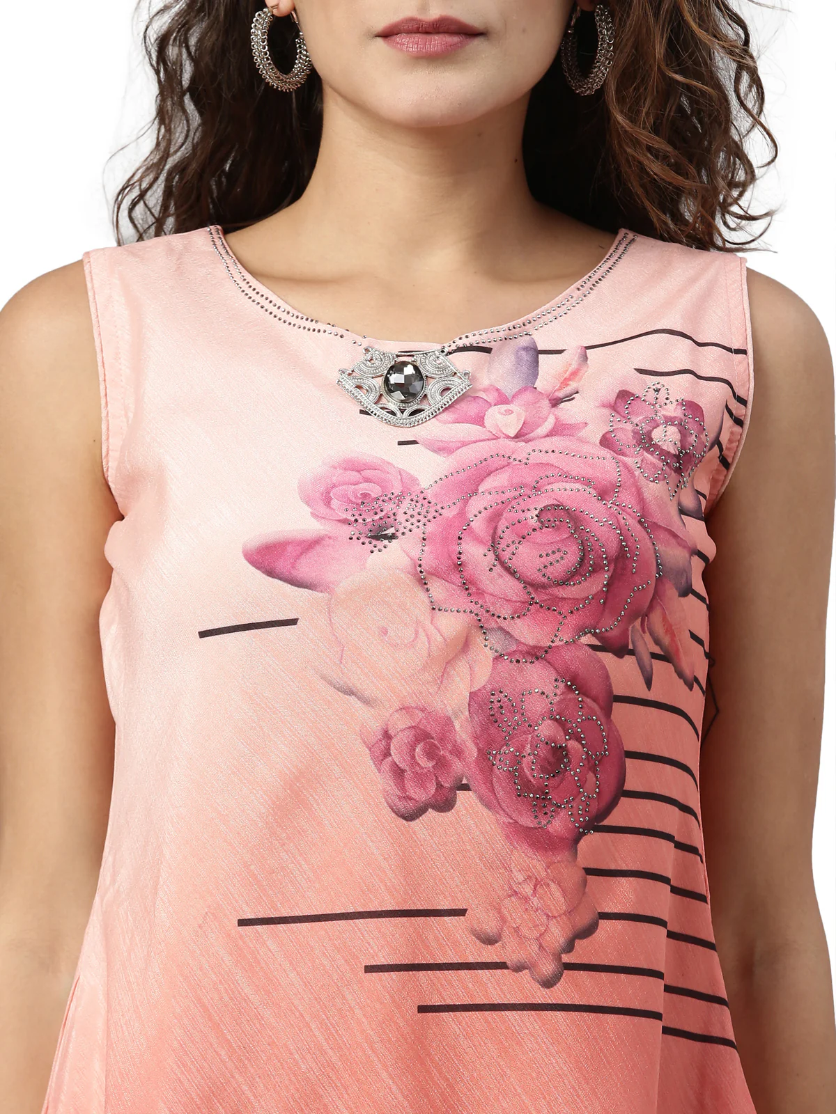 Neerus Women Peach-Coloured Floral Printed Layered Kurta - Image 2