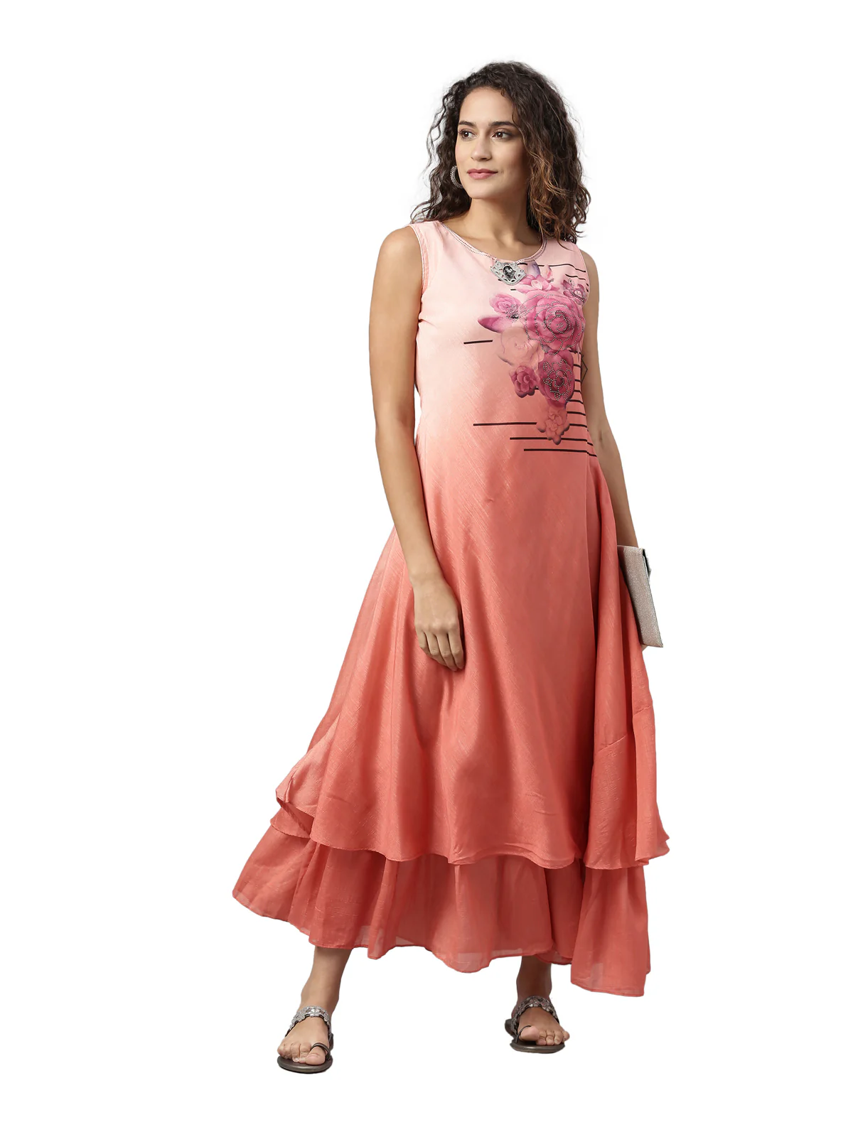 Neerus Women Peach-Coloured Floral Printed Layered Kurta - Image 6