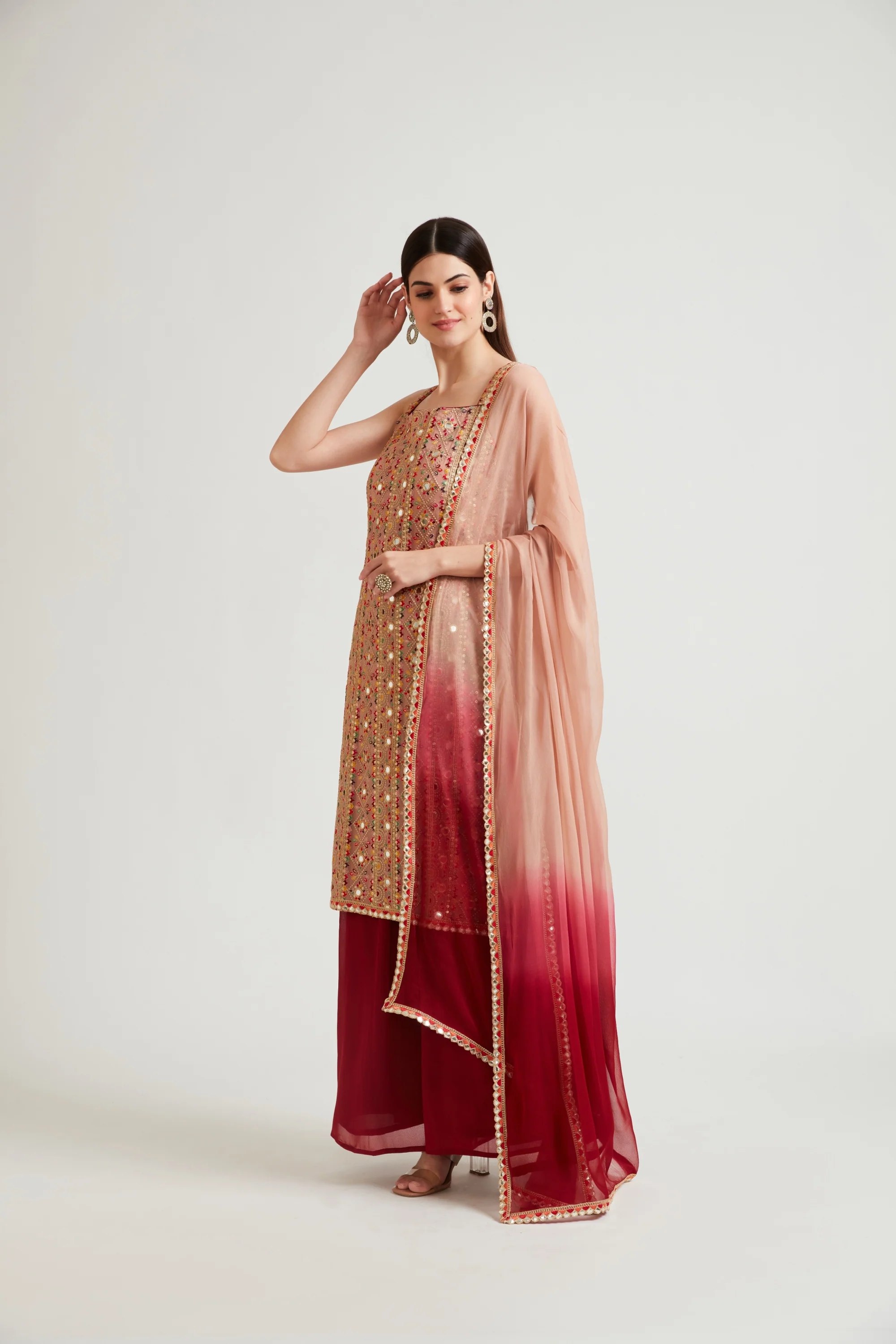 Neerus Women Peach-Coloured Kurta and Palazzos With Dupatta - Image 2