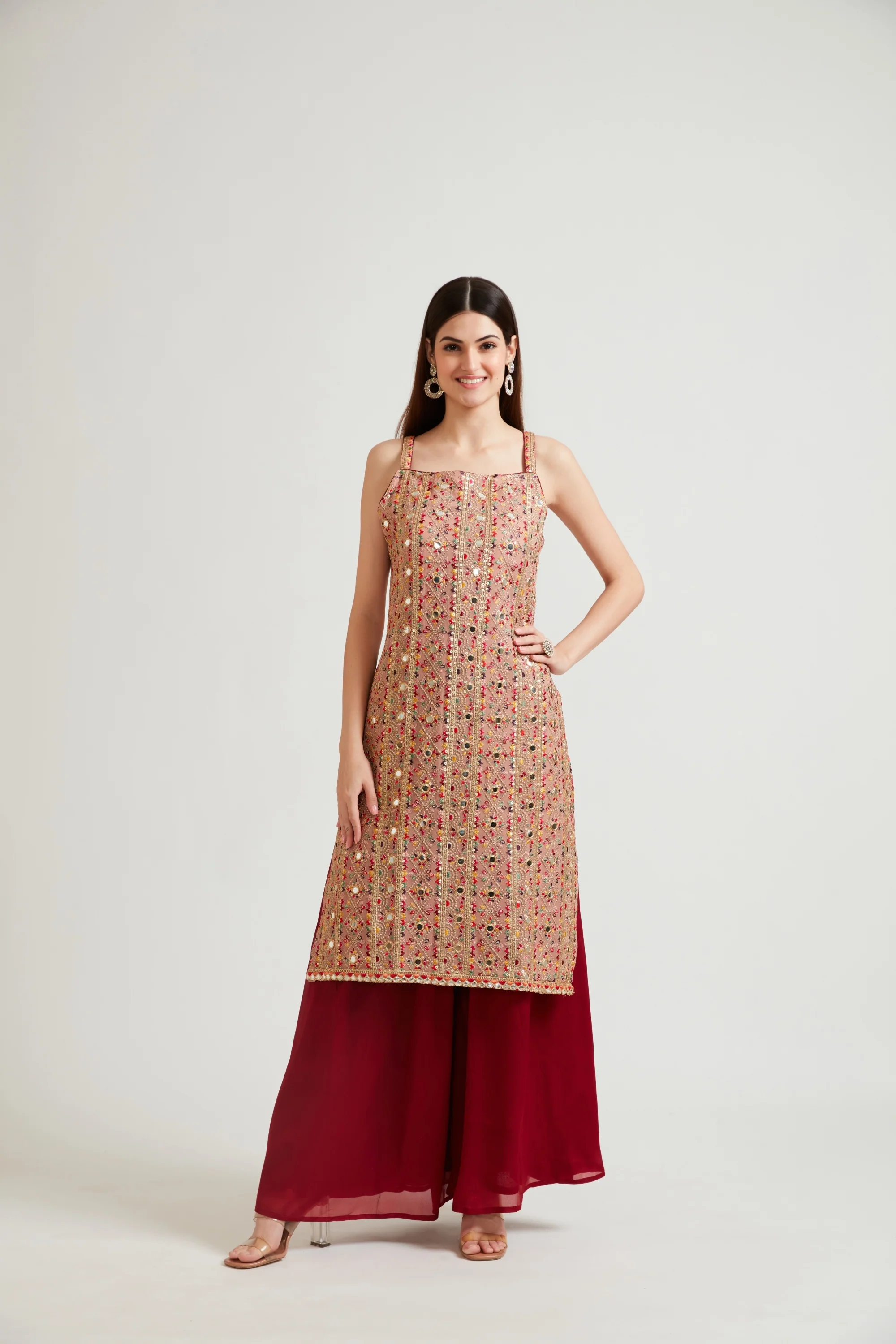 Neerus Women Peach-Coloured Kurta and Palazzos With Dupatta - Image 3
