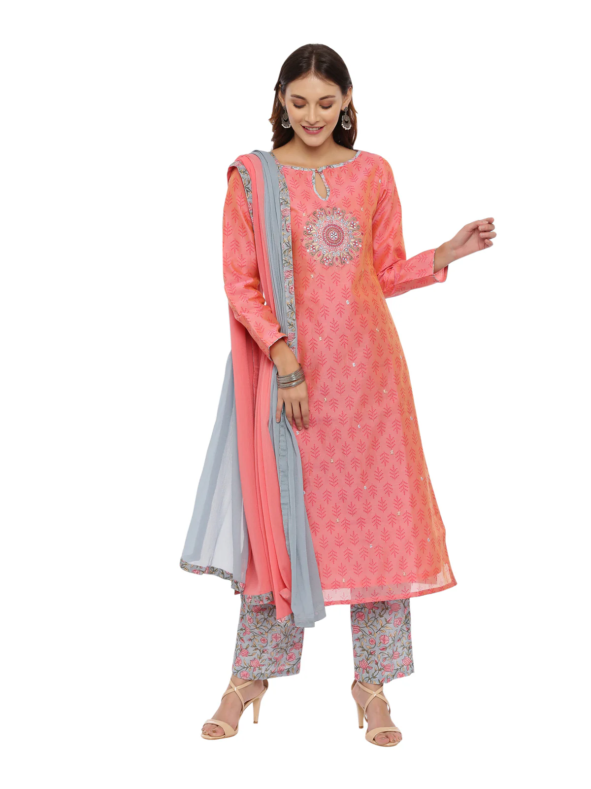 Neerus Women Peach-Coloured Woven Design Kurta with Salwar Dupatta