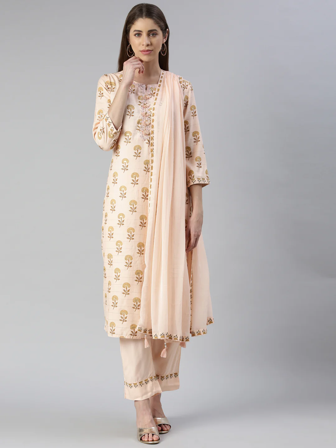 Neerus Women Peach Printed Calf Length Kurta And Trousers With Dupatta