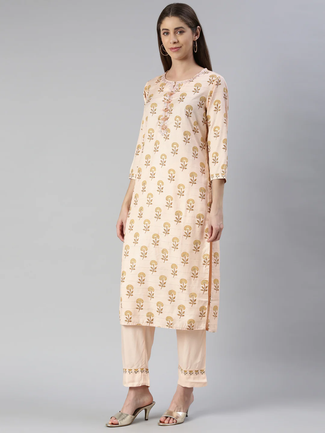 Neerus Women Peach Printed Calf Length Kurta And Trousers With Dupatta - Image 2