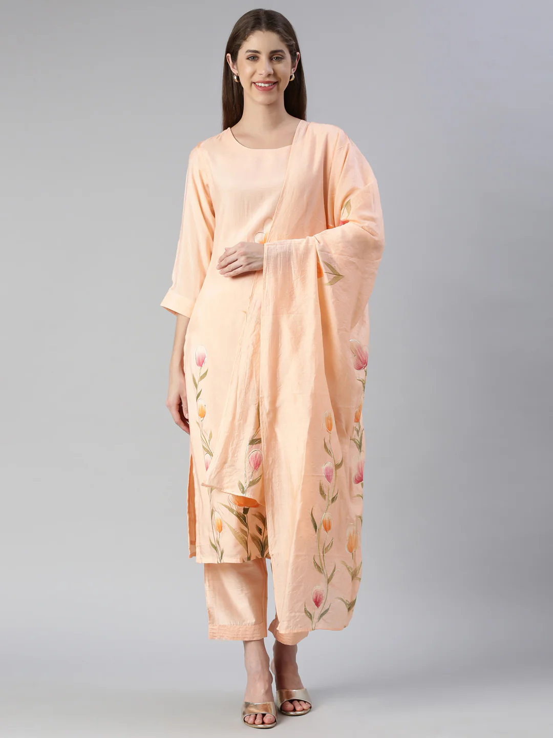 Neerus Women Peach Printed Calf Length Kurta And Trousers With Dupatta