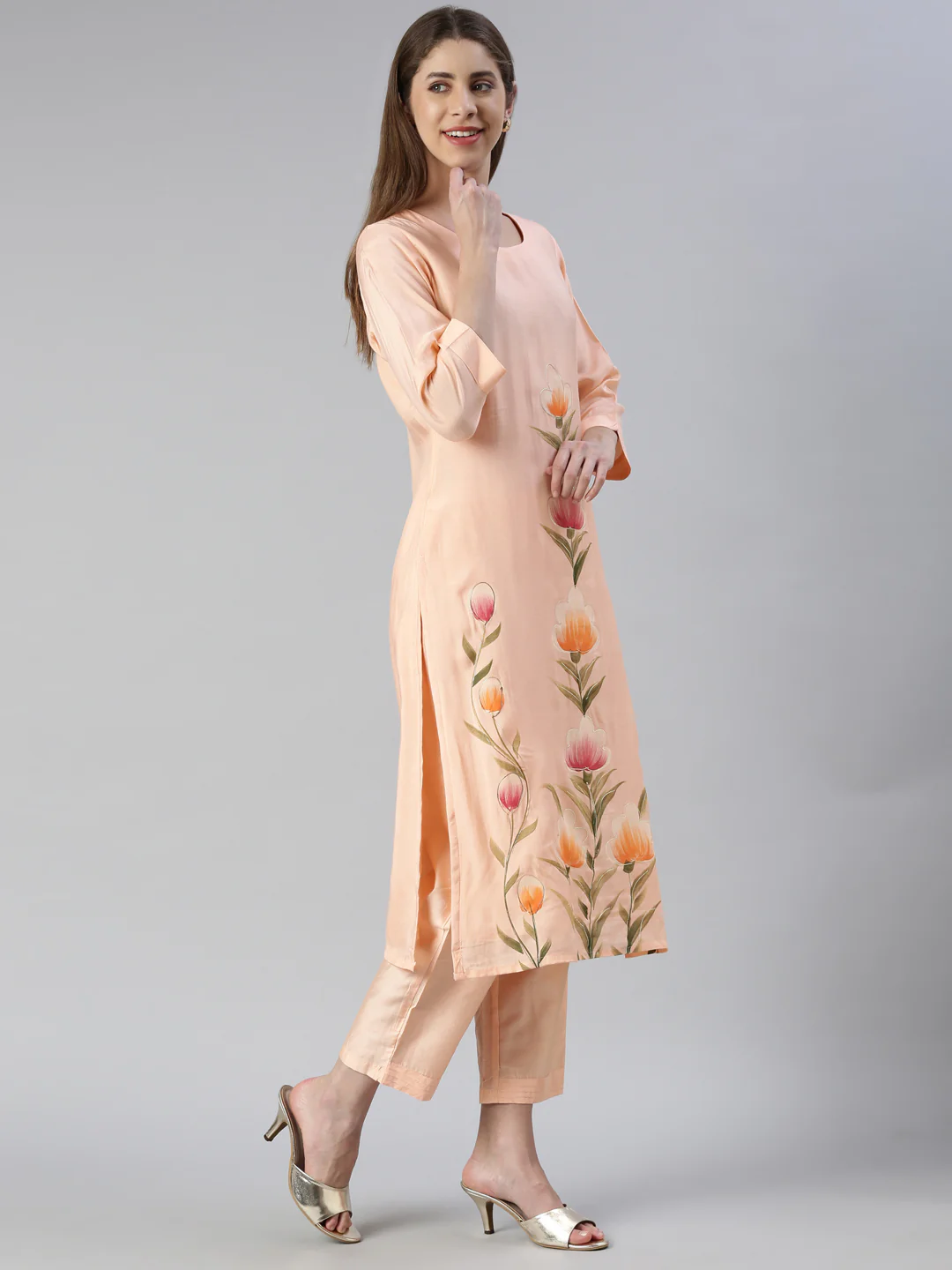 Neerus Women Peach Printed Calf Length Kurta And Trousers With Dupatta - Image 2
