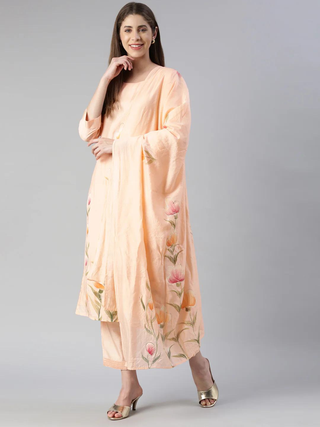Neerus Women Peach Printed Calf Length Kurta And Trousers With Dupatta - Image 5