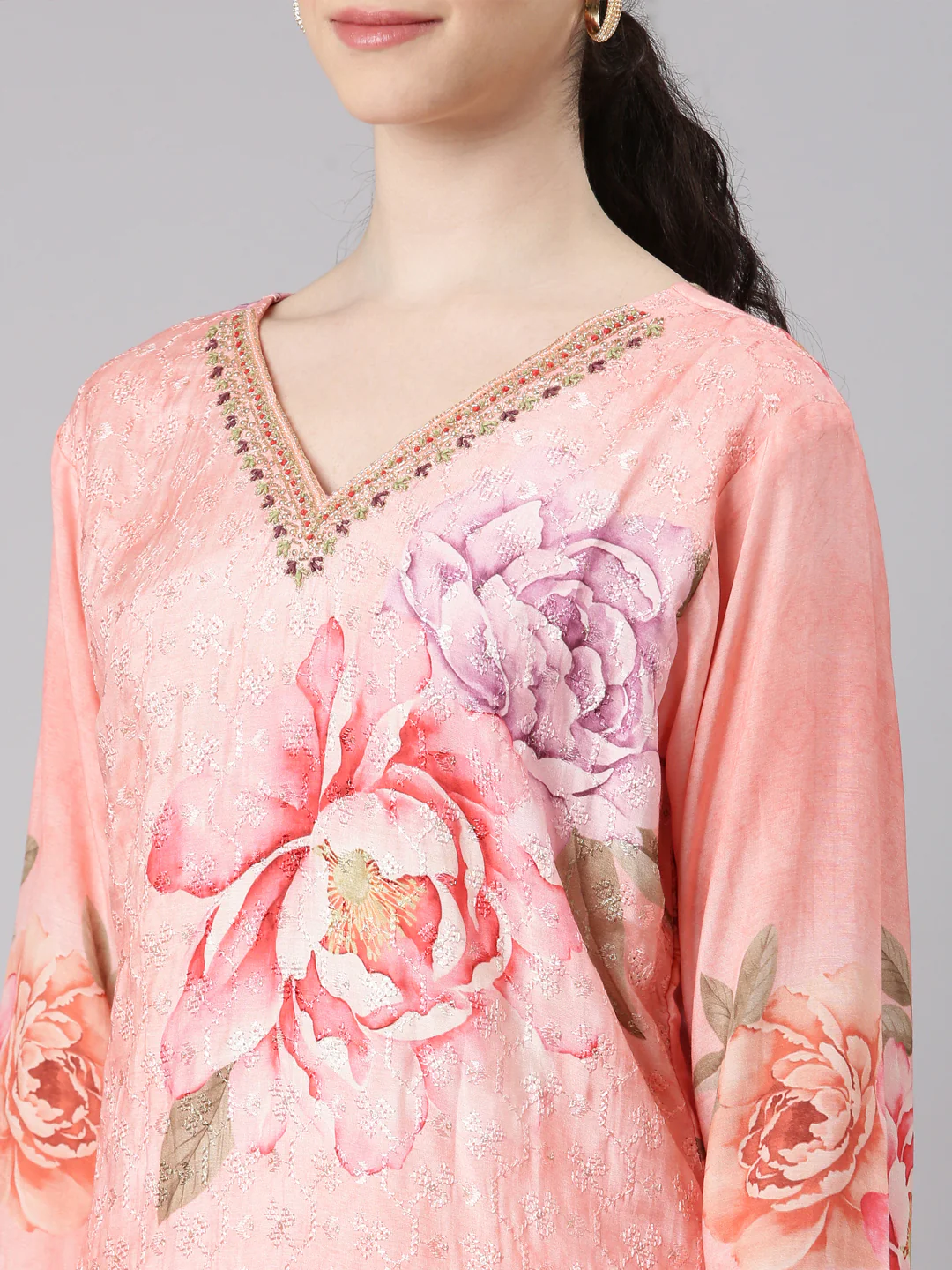 Neerus Women Peach Straight Kurta and Trousers With Dupatta - Image 4