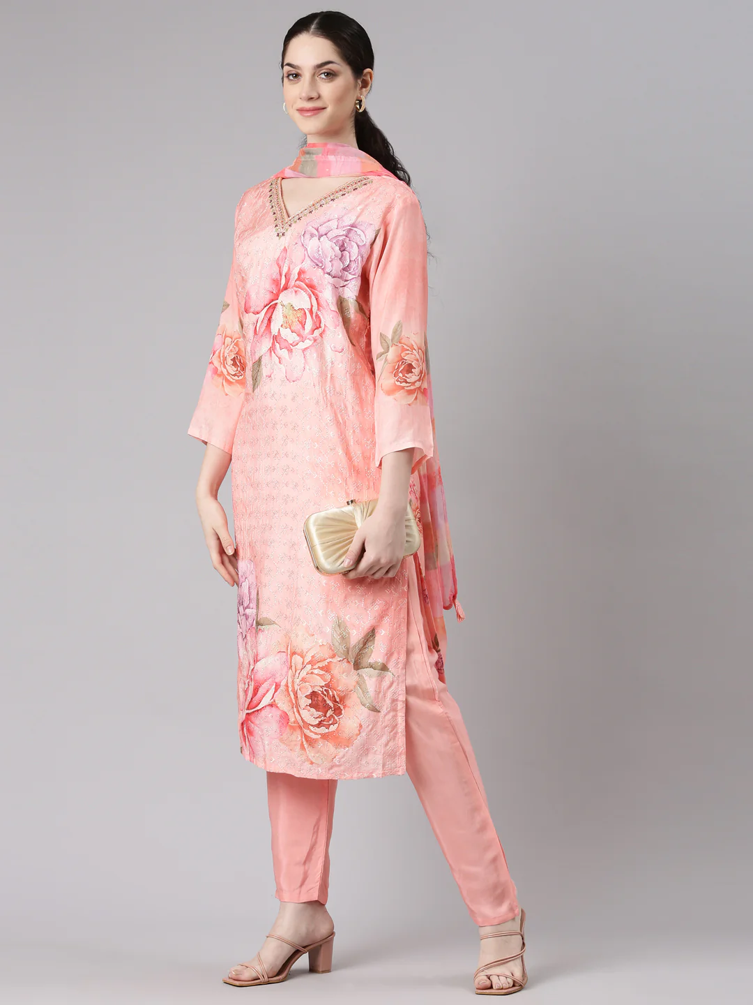 Neerus Women Peach Straight Kurta and Trousers With Dupatta - Image 5
